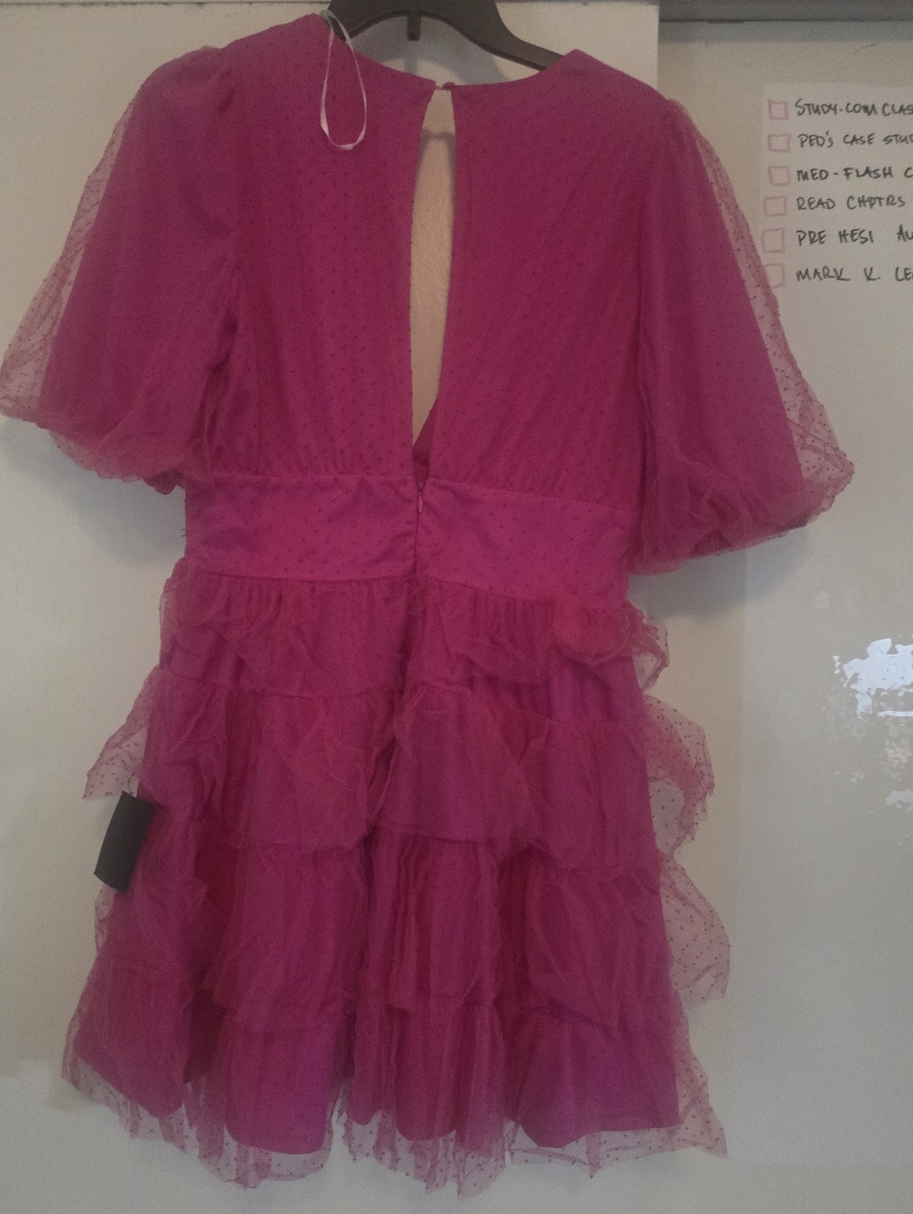 Lulus Dramatic Poise Hot Pink Dot Tulle Puff Sleeve Tiered Mini Dress SZ Large - Picture 6 of 8